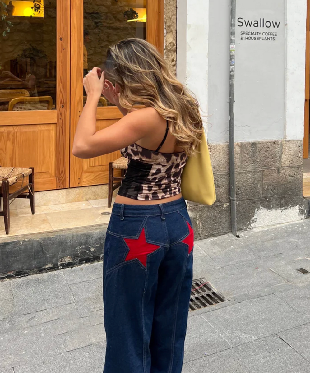 Star-Embroidered Wide-Leg Jeans