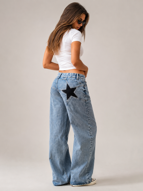 Star-Embroidered Wide-Leg Jeans
