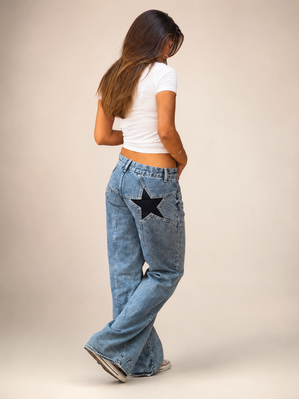 Star-Embroidered Wide-Leg Jeans